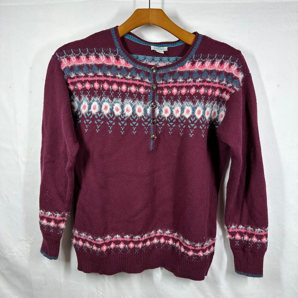 Sundance Womens Fair Isle Knit Wool Blend Nordic Pattern Maroon Henley Sweater M